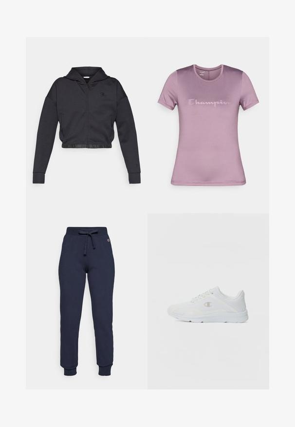 Sudadera corta con cremallera en una mezcla de algodón gris oscuro con acabado suave. Cuenta con capucha, dobladillo elástico y un pequeño logo en el pecho.; Camiseta de manga corta color lila hecha de tela lisa, con un sutil logo tonal de Champion en el pecho y un cuello redondo clásico.; Pantalones de chándal azul marino hechos de una mezcla de algodón, con una cintura ajustable con cordón, puños acanalados y un pequeño logo en la cadera.; Zapatillas deportivas blancas con parte superior de malla texturizada, cuello acolchado y logo en contraste en el costado. Cuenta con una suela de goma ligera.