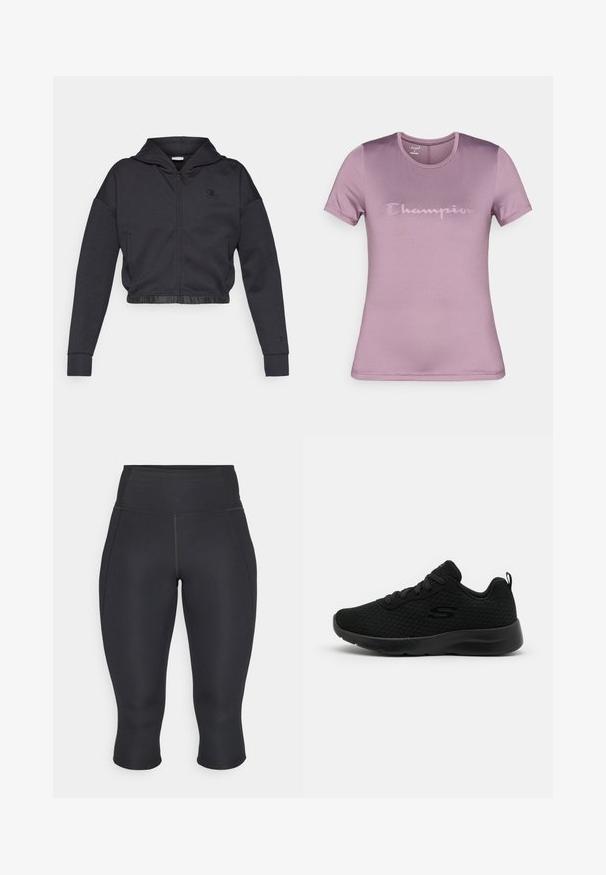 Sudadera corta con cremallera en una mezcla de algodón gris oscuro con acabado suave. Cuenta con capucha, dobladillo elástico y un pequeño logo en el pecho.; Camiseta de manga corta color lila hecha de tela lisa, con un sutil logo tonal de Champion en el pecho y un cuello redondo clásico.; Leggings capri negros de tejido elástico. Diseño de cintura alta con costuras laterales y dobladillo acabado, textura suave, sin patrones visibles.; Zapatillas deportivas negras con parte superior de malla, cuello acolchado, diseño de cordones y suela de goma texturizada. Silueta simple y aerodinámica.