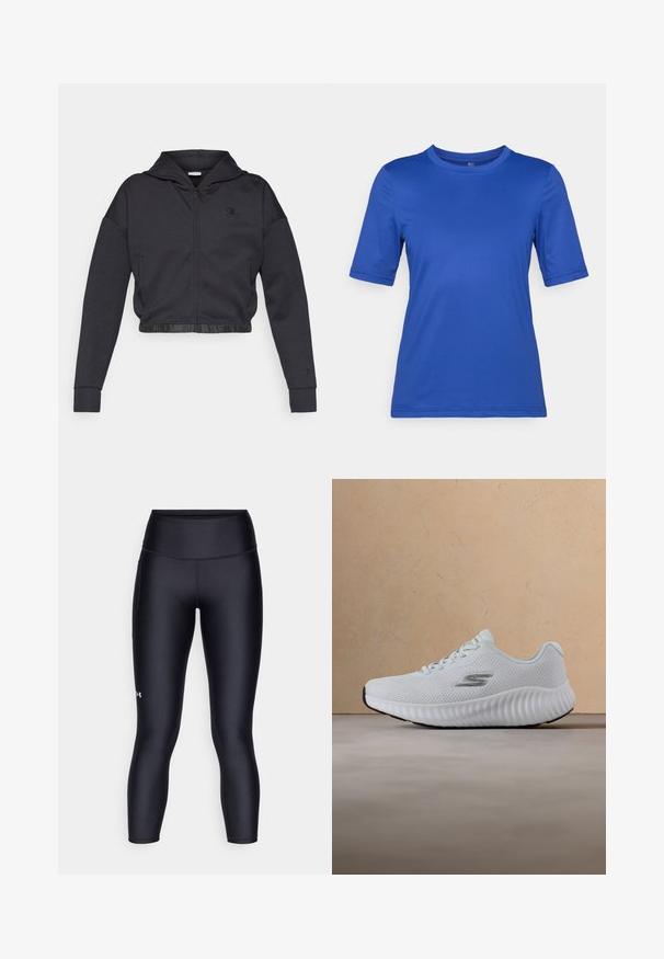 Gekorte zip-up hoodie in donkergrijze katoenmengeling met een gladde afwerking. Voorzien van een capuchon, elastische zoom en een klein logo op de borst.; ONLY Play ONPJINTO ON TRAIN TEE - T-shirt basic - mazarine blue; Zwarte leggings van glad, rekbaar materiaal. Hoog ingezette taille met een nauwsluitende pasvorm en een klein logo op het linkerpedaal.; Witte atletische sneaker met gestructureerde zool en bovenwerk van mesh, voorzien van een zilveren "S" logo, zwevend boven een beige tapijt en een bank op de achtergrond.