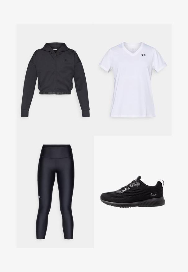 Gekorte zip-up hoodie in donkergrijze katoenmengeling met een gladde afwerking. Voorzien van een capuchon, elastische zoom en een klein logo op de borst.; Witte V-hals T-shirt met korte mouwen, gemaakt van een katoenmengsel, met een zwart logo aan de linker bovenkant. Soepele textuur en reguliere pasvorm.; Zwarte leggings van glad, rekbaar materiaal. Hoog ingezette taille met een nauwsluitende pasvorm en een klein logo op het linkerpedaal.; Zwarte sportieve schoenen met een textuur gebreide bovenkant, vetersluiting, gewatteerde kraag en een gevoerde rubberen zool met geribbelde details.