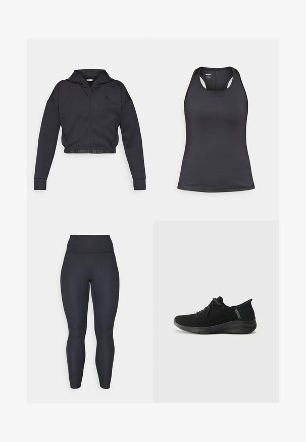 Lühendatud, tõmblukuga tumehall puuvillasest segust kapuutsiga jakk, millel on sile viimistlus. Varustatud kapuutsi, elastse allääre ja väikese rinnal oleva logoga.; Must sportlik top, millel on racerback-disain, valmistatud siledast ja venivast kangast, millel on minimaalsed õmblused ning esiküljel logo.; Kõrge vöökohaga mustad ribakanga leggingsid, millel on täpselt sobiv disain, sile tekstuur ja täispikkus. Omab laia vööd toetuse tagamiseks.; Mustad mustikesed, millel on hingav võrkmaterjalist ülemine osa, ümar nina, paks tall ja paeltega esiosa, millel on samuti peen brändi detail külgedel.