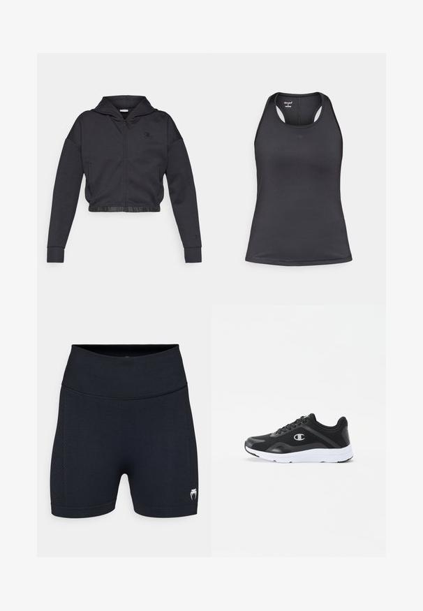 Sudadera corta con cremallera en una mezcla de algodón gris oscuro con acabado suave. Cuenta con capucha, dobladillo elástico y un pequeño logo en el pecho.; Camiseta deportiva negra con diseño de tirantes cruzados en la espalda, hecha de tela suave y elástica con costuras mínimas y detalle de logo en la parte frontal.; Bermudas deportivas negras con una tela suave y paneles laterales de malla. Cuentan con una cinturilla ancha y un pequeño logotipo en la parte inferior de la pierna.; Zapatillas deportivas negras con parte superior de malla, suela de goma blanca y logo en tono en el lado. Con cordones y un collar acolchado para mayor soporte.