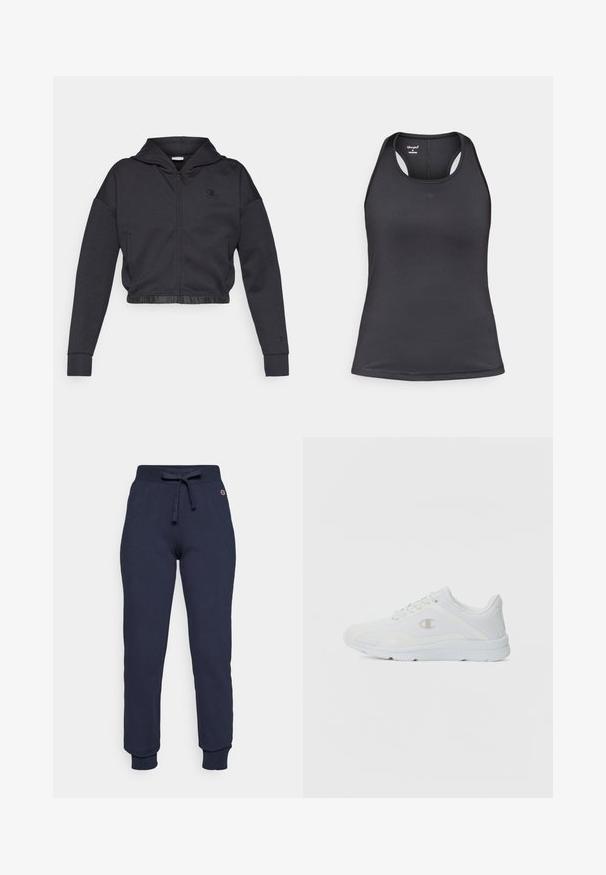 Sudadera corta con cremallera en una mezcla de algodón gris oscuro con acabado suave. Cuenta con capucha, dobladillo elástico y un pequeño logo en el pecho.; Camiseta deportiva negra con diseño de tirantes cruzados en la espalda, hecha de tela suave y elástica con costuras mínimas y detalle de logo en la parte frontal.; Pantalones de chándal azul marino hechos de una mezcla de algodón, con una cintura ajustable con cordón, puños acanalados y un pequeño logo en la cadera.; Zapatillas deportivas blancas con parte superior de malla texturizada, cuello acolchado y logo en contraste en el costado. Cuenta con una suela de goma ligera.