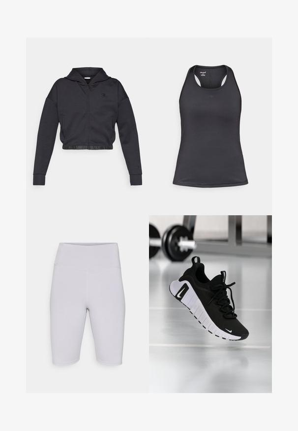 Sudadera corta con cremallera en una mezcla de algodón gris oscuro con acabado suave. Cuenta con capucha, dobladillo elástico y un pequeño logo en el pecho.; Camiseta deportiva negra con diseño de tirantes cruzados en la espalda, hecha de tela suave y elástica con costuras mínimas y detalle de logo en la parte frontal.; Bermudas de ciclismo gris claro, fabricadas con un tejido elástico, con una cinturilla alta y una textura suave sin patrones o acentos visibles.; Zapatilla deportiva negra con parte superior de tela texturizada, suela blanca y sistema de cordones prominente. Presenta un logo de Nike y un diseño suave y acolchado.