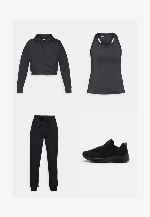 Sudadera corta con cremallera en una mezcla de algodón gris oscuro con acabado suave. Cuenta con capucha, dobladillo elástico y un pequeño logo en el pecho.; Camiseta deportiva negra con diseño de tirantes cruzados en la espalda, hecha de tela suave y elástica con costuras mínimas y detalle de logo en la parte frontal.; Pantalones de chándal negros con cintura ajustable, puños acanalados y un discreto parche con logotipo en la cadera. Hechos de un material suave y elástico.; Zapatillas deportivas negras con parte superior de malla, cuello acolchado, diseño de cordones y suela de goma texturizada. Silueta simple y aerodinámica.