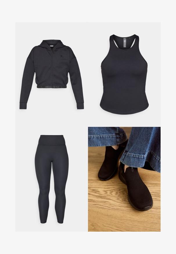 Krátka mikina na zips v tmavosivej bavlnenej zmesi s hladkým povrchom. Má kapucňu, elastický lem a malé logo na hrudi.; ONLY Play ONPSANA SHORT - Top - black; Vysoké čierne rebrované legíny s priliehavým strihom, hladkou textúrou a dĺžkou po celej nohe. Majú široký pás pre podporu.; Čierne slip-on topánky s textúrovaným pleteným zvrškom a elastickým otvorom. Zaoblený tvar špičky a nízkoprofilová polstrovaná podrážka, nosené s deninovými nohavicami.