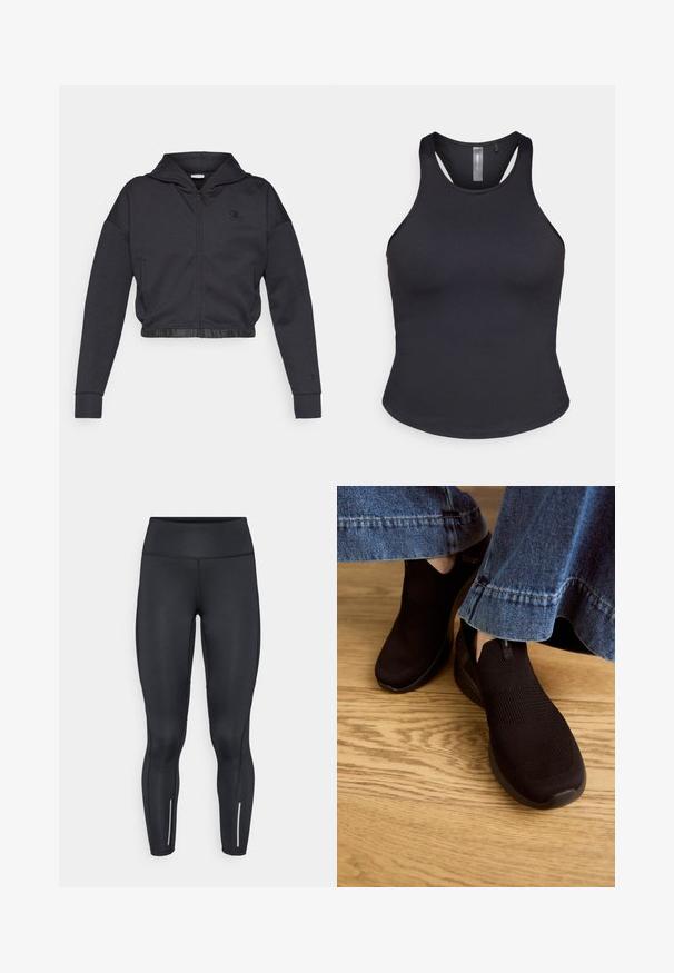 Sudadera corta con cremallera en una mezcla de algodón gris oscuro con acabado suave. Cuenta con capucha, dobladillo elástico y un pequeño logo en el pecho.; ONLY Play ONPSANA SHORT - Top - black; Leggings negros hechos de material elástico con una pretina alta, que presentan detalles reflectantes cerca de los tobillos y una textura suave.; Zapatos negros sin cordones con parte superior de punto texturizado y abertura elástica. Tienen una forma de puntera redondeada y una suela baja con amortiguación, usados con un dobladillo de mezclilla.