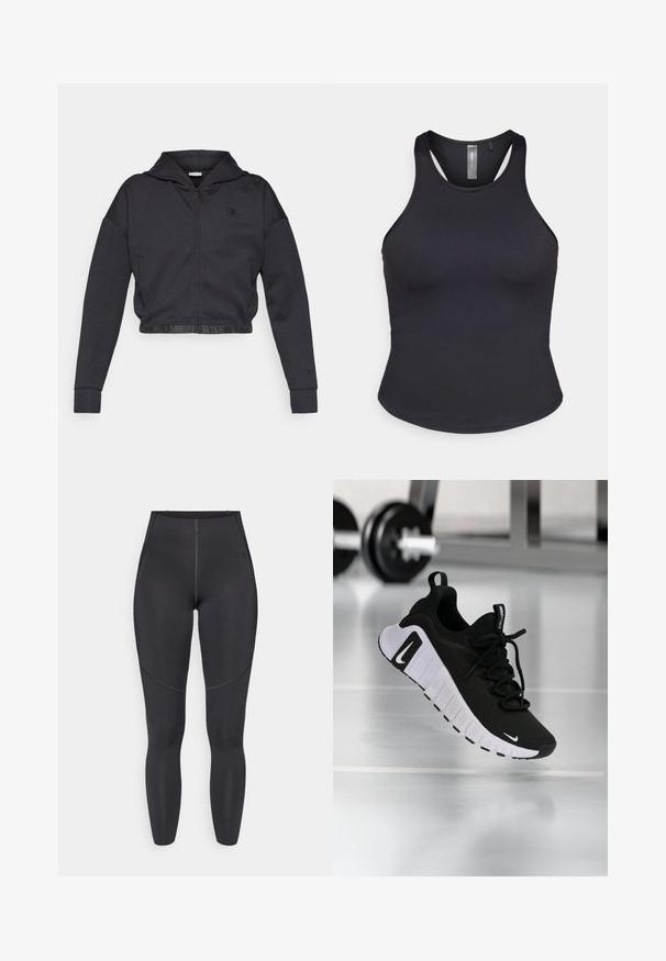 Gekorte zip-up hoodie in donkergrijze katoenmengeling met een gladde afwerking. Voorzien van een capuchon, elastische zoom en een klein logo op de borst.; ONLY Play ONPSANA SHORT - Top - black; Zwarte leggings met hoge taille, gemaakt van rekbare stof, voorzien van flatlock naden en een aansluitend ontwerp, ideaal voor sportkleding.; Zwarte sportschoen met een textuurstof bovenwerk, witte zool en een opvallend vetersysteem. Voorzien van een Nike-logo en een zacht, gedempt ontwerp.