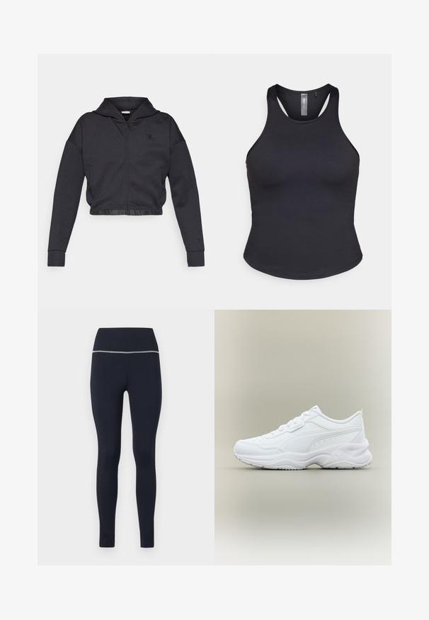Kort lynlåshættejakke i mørkegråt bomuldsblanding med en glat finish. Har hætte, elastisk kant og et lille logo på brystet.; ONLY Play ONPSANA SHORT - Top - black; Marineblå tætsiddende leggings lavet af strækbart stof, med en bred talje med reflekterende kant langs toppen for synlighed.; Hvid lavtop atletiksneaker med snørebånd foran, tekstureret sål og subtil syet design på glat overmateriale.