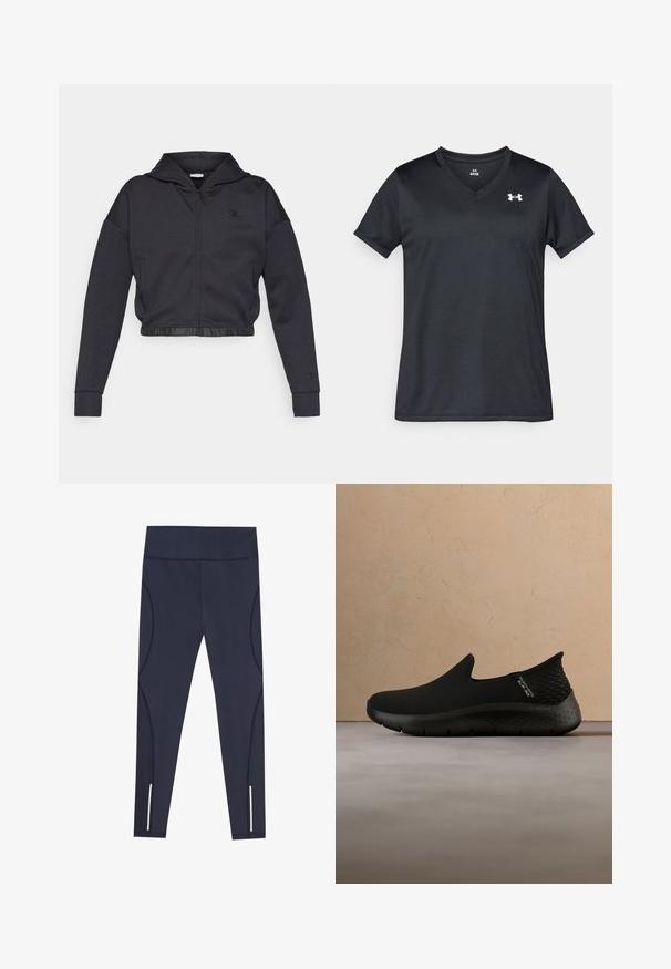 Kort lynlåshættejakke i mørkegråt bomuldsblanding med en glat finish. Har hætte, elastisk kant og et lille logo på brystet.; Sort v-hals t-shirt lavet af glat, let stof. Har korte ærmer og en lille hvid logo øverst til venstre på brystet.; Navy blå leggings lavet af strækbart stof, med en høj talje og buede sidesømme, samt reflekterende detaljer ved anklerne.; Sorte slip-on sko med mesh-overdel, struktureret hæl og fleksibel sål. Letvægtsdesign. Baggrunden har bløde, neutrale toner.