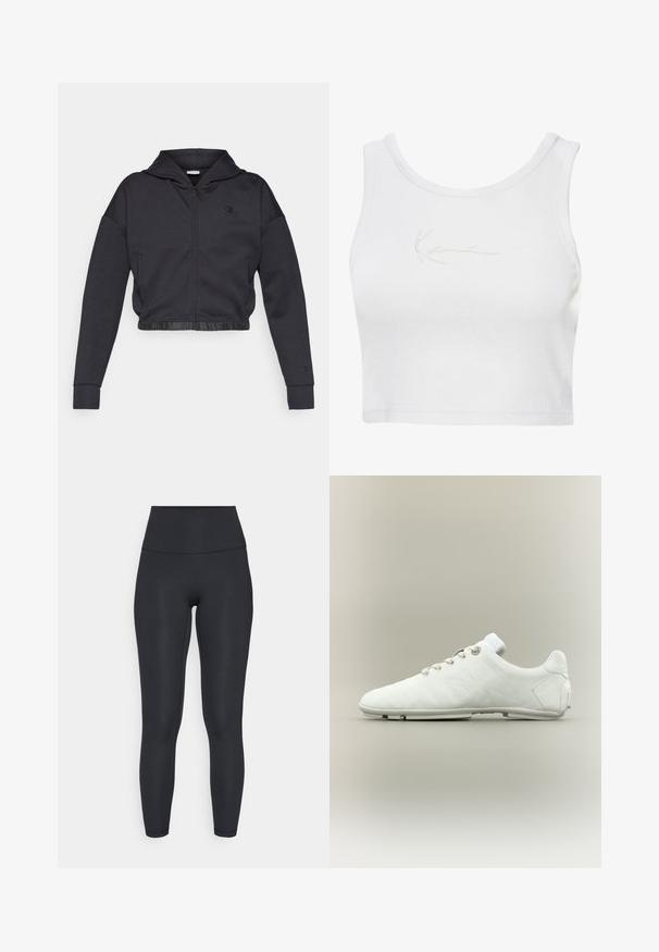 Sweat à capuche zippé court en mélange de coton gris foncé avec une finition lisse. Il est doté d'une capuche, d'un ourlet élastique et d'un petit logo sur la poitrine.; Top court blanc en tissu côtelé. Il présente un col rond et un détail de texte brodé en beige clair sur le devant.; adidas Performance ALL ME SCULPT - Leggings - black; Chaussure de sport blanche profil bas avec lacets, design épuré et semelle lisse et minimaliste sur fond neutre.