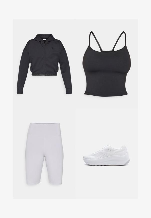 Gekorte zip-up hoodie in donkergrijze katoenmengeling met een gladde afwerking. Voorzien van een capuchon, elastische zoom en een klein logo op de borst.; Zwarte aansluitende camisole van gladde stof, met dunne bandjes en een ronde halslijn, zonder extra patronen of accenten.; Lichtgrijze fietsshorts van rekbaar materiaal, met een hoge tailleband en een gladde textuur zonder zichtbare patronen of accenten.; Witte lage sportieve sneaker met dikke zool en bovenwerk van mesh, voorzien van Calvin Klein-logo aan de zijkant.