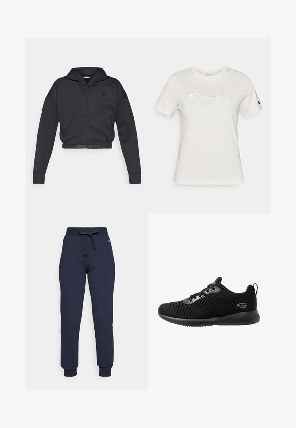 Gekorte zip-up hoodie in donkergrijze katoenmengeling met een gladde afwerking. Voorzien van een capuchon, elastische zoom en een klein logo op de borst.; Wit katoenen T-shirt met korte mouwen, een ronde hals en een geborduurd "Champion"-logo in een contrasterende textuur aan de voorkant.; Navy blauwe sweatpants gemaakt van een katoenen mengsel, met een trekkoord in de taille, ribgebreide boorden en een klein logo op de heup.; Zwarte sportieve schoenen met een textuur gebreide bovenkant, vetersluiting, gewatteerde kraag en een gevoerde rubberen zool met geribbelde details.