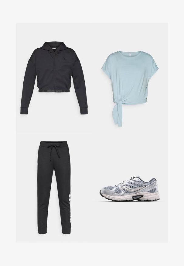 Sweat à capuche zippé court en mélange de coton gris foncé avec une finition lisse. Il est doté d'une capuche, d'un ourlet élastique et d'un petit logo sur la poitrine.; T-shirt court bleu clair en tissu doux, avec un col rond, des manches courtes retroussées et un détail de nœud à l'ourlet.; Pantalon de survêtement noir en coton, avec une taille à cordon, des jambes effilées et un logo blanc imprimé sur un côté. Texture lisse.; Bottine de course argentée avec tige en mesh, semelle rembourrée et accents gris. Dotée d'un bout arrondi et d'un design à lacets. Logo de la marque visible.