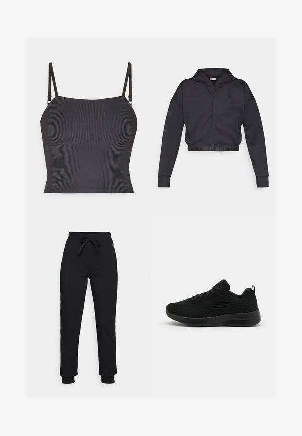 Sweat à capuche zippé court en mélange de coton gris foncé avec une finition lisse. Il est doté d'une capuche, d'un ourlet élastique et d'un petit logo sur la poitrine.; Camisole noire côtelée avec des bretelles fines et réglables et un design ajusté, présentant une texture lisse et un décolleté droit.; Pantalons de survêtement noirs avec une taille à cordon de serrage, des poignets côtelés et un logo discret sur la hanche. Fabriqués en matériau doux et extensible.; Baskets de sport noires avec une tige en mesh, un col rembourré, un design à lacets et une semelle en caoutchouc texturé. Silhouette simple et épurée.