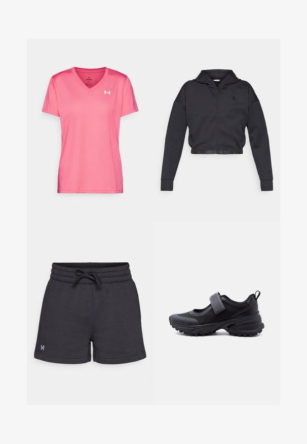 Gekorte zip-up hoodie in donkergrijze katoenmengeling met een gladde afwerking. Voorzien van een capuchon, elastische zoom en een klein logo op de borst.; Roze sportieve T-shirt met een V-halsontwerp, korte mouwen en een lichte, gladde textuur. Heeft een wit logo op de bovenste linkerzijde.; Zwarte katoenen shorts met een elastische tailleband en een koord. Beschikt over zijzakken en een klein logo op het linkerbeen.; Zwarte sportschoen met stevige zool, verstelbare band over de bovenkant en een trekkoord aan de hiel, zijaanzicht op een witte achtergrond.