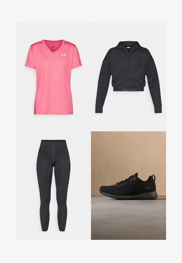 Kurz geschnittener Kapuzenpullover mit Reißverschluss aus dunkelgrauem Baumwollmischgewebe mit glattem Finish. Mit Kapuze, elastischem Saum und kleinem Logo auf der Brust.; Rosa Sport T-Shirt mit V-Ausschnitt, kurzen Ärmeln und einer leichten, glatten Textur. Mit einem weißen Logo auf der oberen linken Seite.; Schwarze Leggings mit hoher Taille aus elastischem Stoff, ausgestattet mit Flachnähten und einem enganliegenden Design, ideal für Sportbekleidung.; Schwarze Sportschuhe mit strukturiertem Obermaterial, runder Zehenpartie und Schnürsenkeln. Mit einer gepolsterten Sohle und einer Schlaufe am Fersenbereich für einfaches Anziehen.