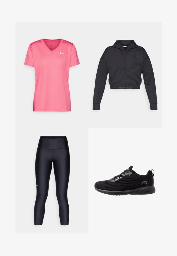 Kurz geschnittener Kapuzenpullover mit Reißverschluss aus dunkelgrauem Baumwollmischgewebe mit glattem Finish. Mit Kapuze, elastischem Saum und kleinem Logo auf der Brust.; Rosa Sport T-Shirt mit V-Ausschnitt, kurzen Ärmeln und einer leichten, glatten Textur. Mit einem weißen Logo auf der oberen linken Seite.; Schwarze Leggings aus glattem, dehnbarem Material. Hoch geschnittenes Design mit enganliegendem Sitz und einem kleinen Logo auf dem linken Bein.; Schwarze Sportschuhe mit einem strukturierten Strickobermaterial, Schnürdesign, gepolstertem Schaft und einer gepolsterten Gummisohle mit gerippten Details.