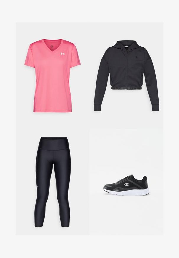 Kurz geschnittener Kapuzenpullover mit Reißverschluss aus dunkelgrauem Baumwollmischgewebe mit glattem Finish. Mit Kapuze, elastischem Saum und kleinem Logo auf der Brust.; Rosa Sport T-Shirt mit V-Ausschnitt, kurzen Ärmeln und einer leichten, glatten Textur. Mit einem weißen Logo auf der oberen linken Seite.; Schwarze Leggings aus glattem, dehnbarem Material. Hoch geschnittenes Design mit enganliegendem Sitz und einem kleinen Logo auf dem linken Bein.; Schwarze Sportschuhe mit einem Mesh-Obermaterial, weißer Gummisohle und einem einfarbigen Logo an der Seite. Mit einer gepolsterten Kragen für zusätzlichen Halt geschnürt.