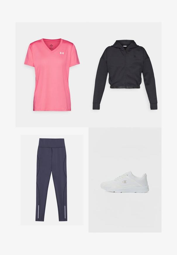 Kurz geschnittener Kapuzenpullover mit Reißverschluss aus dunkelgrauem Baumwollmischgewebe mit glattem Finish. Mit Kapuze, elastischem Saum und kleinem Logo auf der Brust.; Rosa Sport T-Shirt mit V-Ausschnitt, kurzen Ärmeln und einer leichten, glatten Textur. Mit einem weißen Logo auf der oberen linken Seite.; Marinefarbene Sportleggings mit hohem Taillenbund, flachen Nähten und reflektierenden Akzenten an den Unterbeinen. Hergestellt aus leichtem, dehnbarem Stoff.; Weiße Sportschuhe mit einem strukturierten Mesh-Obermaterial, gepolstertem Schaft und kontrastierendem Logo an der Seite. Verfügt über eine leichte Gummisohle.