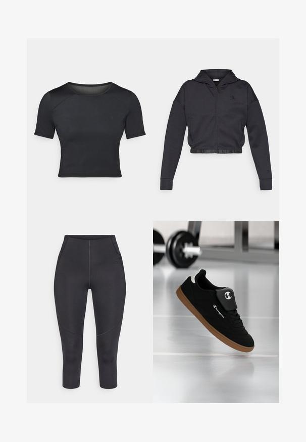 Gekorte zip-up hoodie in donkergrijze katoenmengeling met een gladde afwerking. Voorzien van een capuchon, elastische zoom en een klein logo op de borst.; Zwarte korte mouwen crop top gemaakt van glad, rekbaar materiaal met een ronde halslijn en subtiele naaddetails op de schouders.; Zwarte capri-legging gemaakt van rekbaar materiaal, met flatlocknaden, een nauwsluitend ontwerp en een klein logo aan de zijkant.; Zwartbruine Champion-sneaker zwevend in de lucht in een sportschoolomgeving met een wazige halter op de achtergrond.