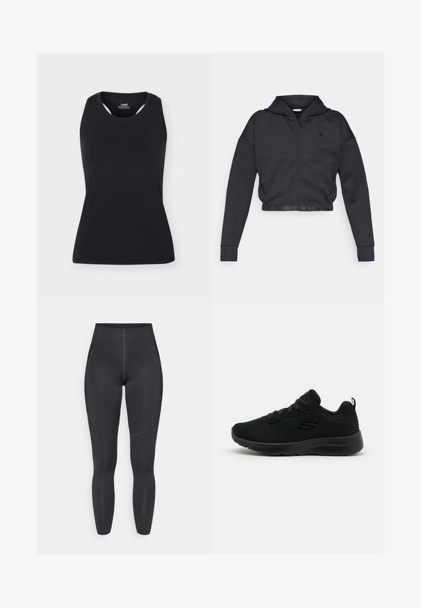 Kurz geschnittener Kapuzenpullover mit Reißverschluss aus dunkelgrauem Baumwollmischgewebe mit glattem Finish. Mit Kapuze, elastischem Saum und kleinem Logo auf der Brust.; Schwarzes ärmelloses Sporttanktop mit rundem Ausschnitt und Racerback-Design, auf schlichtem, hellem Hintergrund dargestellt.; Schwarze Leggings mit hoher Taille aus elastischem Stoff, ausgestattet mit Flachnähten und einem enganliegenden Design, ideal für Sportbekleidung.; Schwarze Sportsneaker mit einem Obermaterial aus Mesh, gepolstertem Kragen, Schnürdesign und einer strukturierten Gummisohle. Schlichte und schlanke Silhouette.