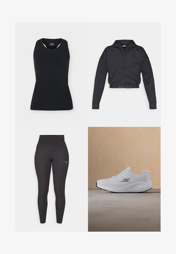 Kort lynlåshættejakke i mørkegråt bomuldsblanding med en glat finish. Har hætte, elastisk kant og et lille logo på brystet.; Sort ærmeløs sportstanktop med rund halsudskæring og bryderryg, vist på ensfarvet lyst baggrund.; Sorte atletiske leggings lavet af strækbart materiale, med en høj talje og diskret logo-detaljering på venstre ben. Glat tekstur.; Hvid atletiksneaker med tekstureret sål og meshoverdel, med et sølvfarvet "S"-logo, svævende over en beige tæppe- og sofa-baggrund.