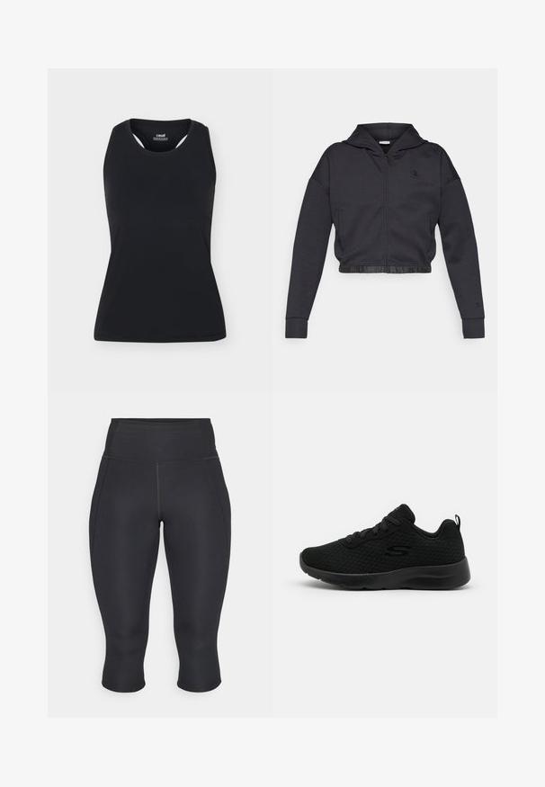 Sweat à capuche zippé court en mélange de coton gris foncé avec une finition lisse. Il est doté d'une capuche, d'un ourlet élastique et d'un petit logo sur la poitrine.; Débardeur de sport noir sans manches avec encolure ronde et dos nageur, présenté sur un fond uni clair.; Leggings capri noirs en tissu extensible. Conception taille haute avec coutures latérales et ourlet fini, texture lisse, sans motifs visibles.; Baskets de sport noires avec une tige en mesh, un col rembourré, un design à lacets et une semelle en caoutchouc texturé. Silhouette simple et épurée.