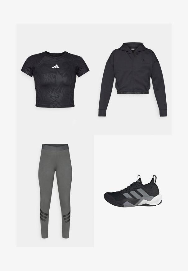 Kort lynlåshættejakke i mørkegråt bomuldsblanding med en glat finish. Har hætte, elastisk kant og et lille logo på brystet.; Sort cropped atletisk t-shirt med et struktureret mønster, korte ærmer og et hvidt logo på brystet. Materialet ser glat og fleksibelt ud.; Grå leggings med en glat tekstur, høj elastisk talje og sorte stribede accenter på nederste del af benene.; Sorte atletiske sko med en åndbar mesh-overdel, grå accenter, tekstureret sål og tre karakteristiske striber på siden.