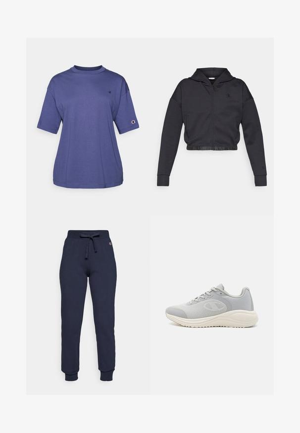 Sudadera corta con cremallera en una mezcla de algodón gris oscuro con acabado suave. Cuenta con capucha, dobladillo elástico y un pequeño logo en el pecho.; Camiseta de algodón morada de cuello redondo y manga corta, que presenta un pequeño logo en el pecho y un parche del logo en la manga.; Pantalones de chándal azul marino hechos de una mezcla de algodón, con una cintura ajustable con cordón, puños acanalados y un pequeño logo en la cadera.; Zapatillas deportivas grises con parte superior de malla, cierre de cordones y suela blanca moldeada; presentan un patrón texturizado y un acento de logo.