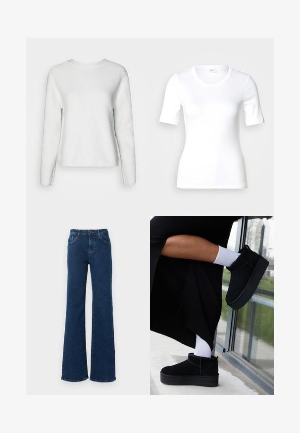 Hvid strikket sweater med rund hals, lange ærmer, et struktureret ribmønster og en afslappet pasform.; Hvid T-shirt med korte ærmer lavet af glat bomuld, med rund halsudskæring og en tætsiddende pasform. Klassisk design uden mønstre eller detaljer.; Mørkeblå jeans med høj talje, vidde ben, knaplukning foran, lynlås og lommer foran og bagpå.; Sorte suede ankelstøvler med flad sål, med en bageste træksløjfe, båret med hvide ankelstrømper mod en minimalistisk baggrund.