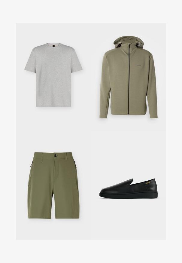 Sweat à capuche zippé vert olive en tissu lisse, avec un col montant, une capuche ajustable à cordon de serrage et un logo discret sur la poitrine.; T-shirt gris clair à manches courtes et col rond avec un logo "BOSS" discret en relief centré sur la poitrine.; Shorts pour hommes longueur genou de couleur vert olive avec fermeture par bouton et poches latérales zippées sur fond blanc.; Chaussure noire en cuir à enfiler avec semelle épaisse et marquage "HUGO" en or près du talon sur un fond uni gris clair.