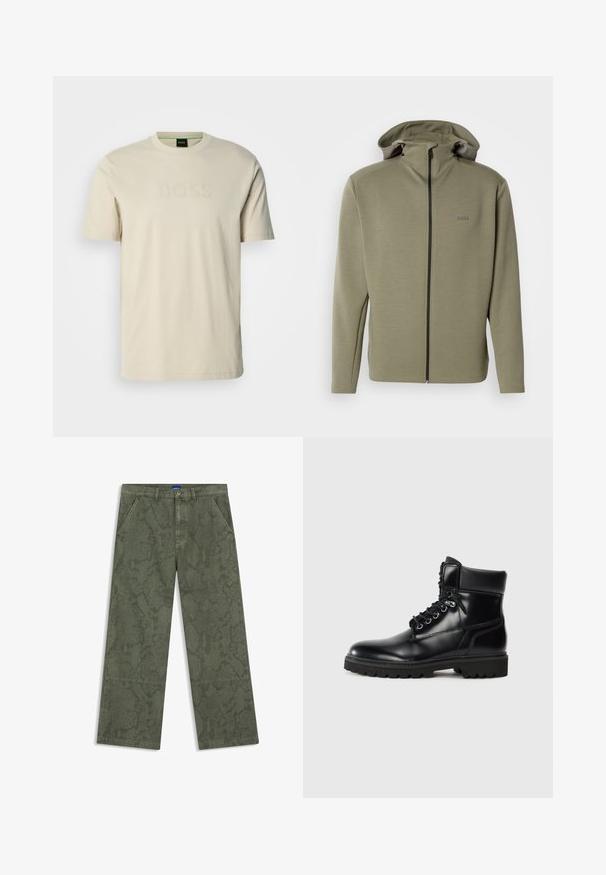 Sweat à capuche zippé vert olive en tissu lisse, avec un col montant, une capuche ajustable à cordon de serrage et un logo discret sur la poitrine.; T-shirt couleur crème en coton, avec un col rond et des manches courtes. Le logo "BOSS" est embossé sur le devant. Texture lisse.; Pantalon vert à jambes larges avec un motif subtil façon peau de serpent, poches avant, passants pour ceinture, fermeture par bouton et détails visibles de coutures horizontales aux genoux.; Bottine en cuir noir avec une finition brillante, design à lacets, col rembourré et semelle en caoutchouc robuste avec des grips de traction.