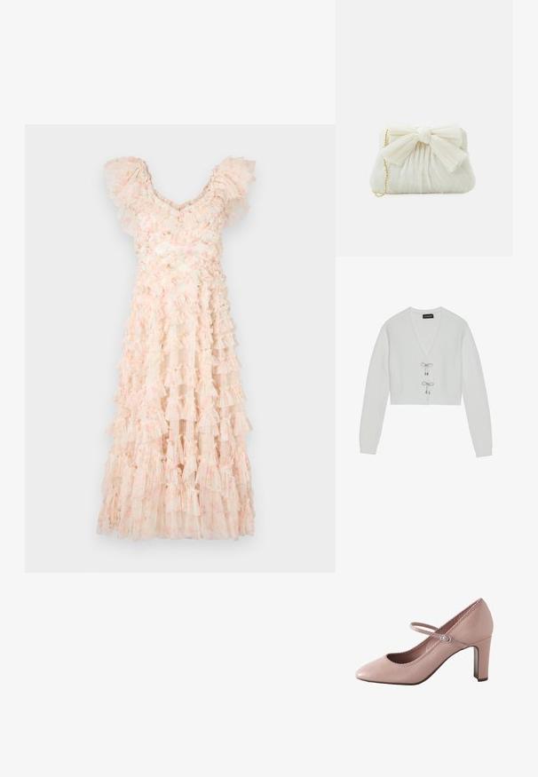Even&Odd by Zalando Cardigan - 001 - white; Needle & Thread DITSY LOLA BACKLESS BALLERINA DRESS - Cocktailkjole / festkjole - moonshine pink; Lyserød læderhøjhælet sko med rundet tå, ankelrem og bølget kant. Har en slank blokhæle for støtte.; Hvid plisseret clutch-taske med en fremtrædende sløjfedetalje og en guldkædetras. Blød tekstur med et samlet design på forsiden.