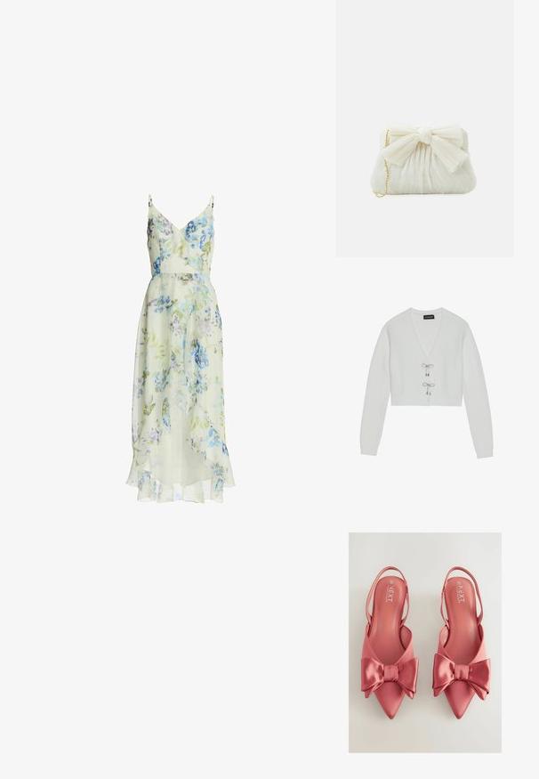 Even&Odd Gilet - 001 - white; Robe mi-longue florale, tissu léger, base jaune verdâtre avec des fleurs bleues et violettes, encolure et ourlet à volants, bretelles spaghetti ajustables.; Chaussures à talons rose satinées avec un bout pointu et un grand nœud sur le devant. Texture lisse et design à talon ouvert.; Sac à main plissé blanc avec un nœud proéminent et une chaîne dorée. Texture douce avec un design froncé à l'avant.