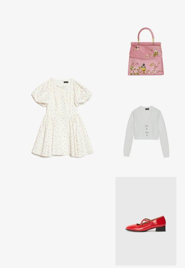 Even&Odd Cardigan - 001 - white; Hvid kortærmet kjole med puffede ærmer og lille pink blomsterprint, med en rynket talje og en rund halsudskæring med en lille sløjfe.; Røde lakerede Mary Jane-sko med firkantet tå, to justerbare spænder, lille sort blokhæls og glat tekstur.; Lyserød ruskinds håndtaske med blomsterbroderi, der har fugle og sommerfugle. Guldfarvet hardware og rund top-håndtag. Elegant klaplukning.
