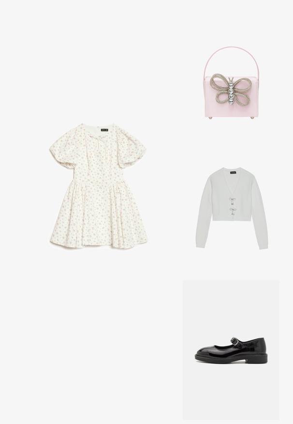 Even&Odd by Zalando Cardigan - 001 - white; Hvid kortærmet kjole med puffede ærmer og lille pink blomsterprint, med en rynket talje og en rund halsudskæring med en lille sløjfe.; Sorte patentlæder Mary Jane-sko med rund tå, justerbar spænde, lav blokhælhæl og glat, blank finish.; Lyserød satin håndtaske med en sommerfugleformet udsmykning, der har sølvmetallic accenter og rhinsten, samt et slankt håndtag.