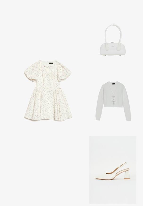 Even&Odd by Zalando Vest - 001 - white; Witte jurk met korte mouwen en pofmouwen, met een kleine roze bloemenprint, een geplooide taille en een ronde halslijn met een klein strikje.; Witte patenten leren slingback schoen met een spitse neus en een geometrische blokhak. Het interieur heeft een tan kleurige inlegzool en minimale zijsnedes.; Witte handtas van lakleer met dubbele afgeronde handvatten, zilverkleurige ritsluiting en subtiel "estro"-logo aan de voorkant.