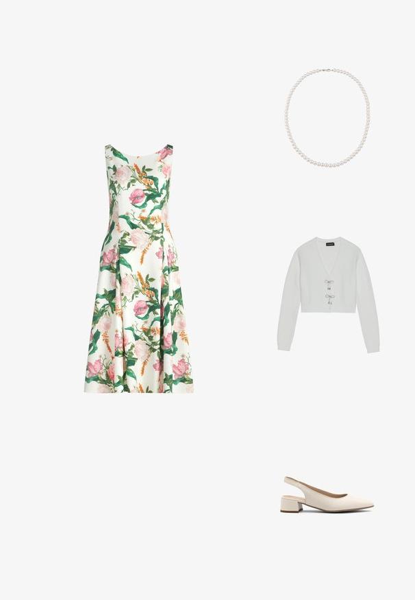 Even&Odd by Zalando Cardigan - 001 - white; Ærmeløs hvid midi-kjole med pink, orange og grøn blomsterprint og et let udvidet skørt.; Beige slingback hæle med spids tå, lav blokhæl og glat lædertekstur. Har udsparinger på siderne for åndbarhed.; Halskæde med enkelt række perler med runde hvide perler og en lille sølvlås, vist på hvid baggrund.