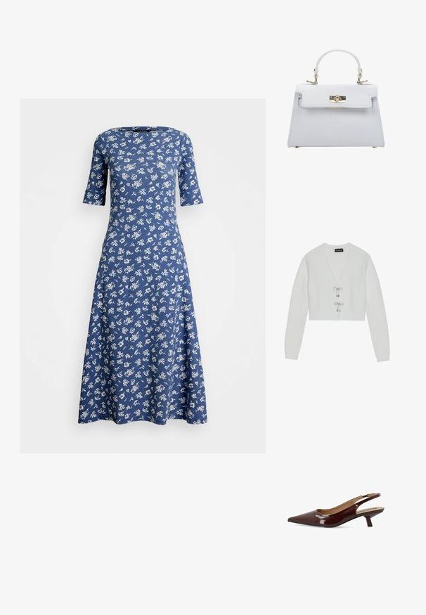 Even&Odd by Zalando Vest - 001 - white; Blauwe bloemenjurk met korte mouwen, ronde hals en uitlopende taille. Gemaakt van zachte stof met een wit bloemenpatroon door het geheel.; Bianco Kitten heels BIAKRISTIN - Klassieke pumps - burgundy; ESTRO Handtas - white