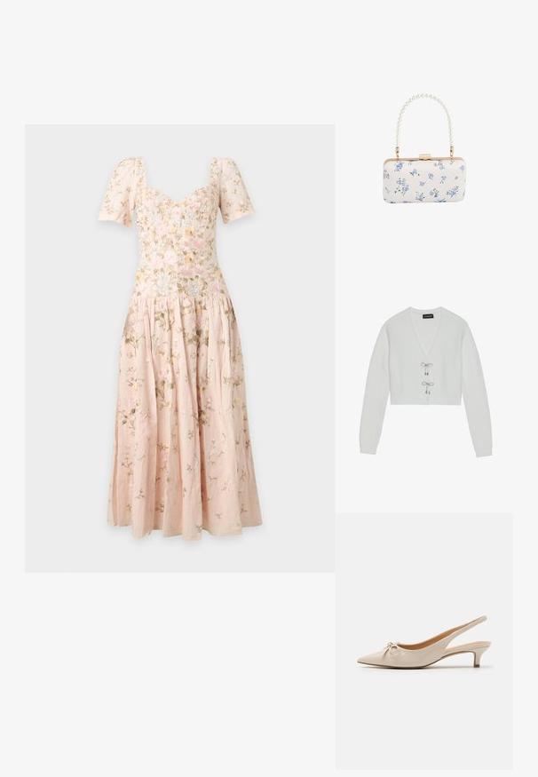 Even&Odd Gilet - 001 - white; Robe midi rose clair avec manches bouffantes, décolleté en cœur et délicate broderie florale sur toute la robe.; Escarpins slingback en cuir verni beige avec un bout pointu et un nœud décoratif sur le devant. Comprennent un talon bas et fin ainsi qu'une texture lisse.; Pochette rectangulaire blanche avec motif floral bleu et anse perlée, avec garniture dorée et fermeture à clip.