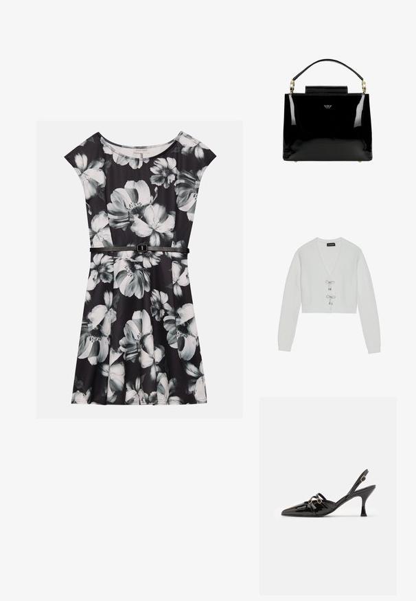 Even&Odd by Zalando Ζακέτα - 001 - white; Μαύρο φλοράλ φόρεμα με λευκά και γκρι λουλούδια, κοντά μανίκια και εφαρμοστή μέση που τονίζεται από μια στενή μαύρη ζώνη.; ALOHAS JOELLE ONIX - Κλασικές γόβες - black; Μαύρη πατενταρισμένη δερμάτινη τσάντα με δομημένο σχέδιο, που διαθέτει λαβή από πάνω, χρυσές μεταλλικές λεπτομέρειες και μικρή εμπρόσθια καπάκη.