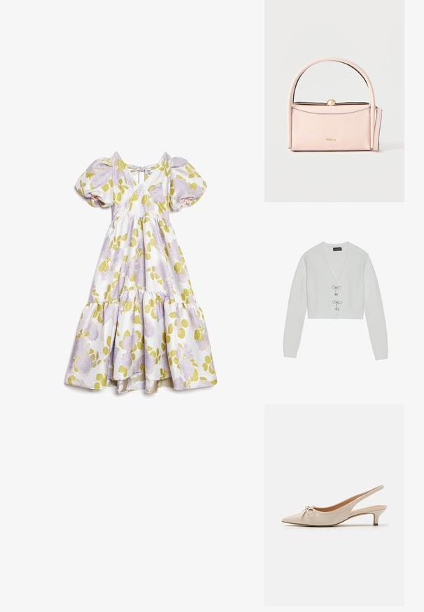 Even&Odd Chaqueta de punto - 001 - white; Vestido midi blanco con mangas abullonadas, patrón floral púrpura, hojas verdes, escote en V y detalle de lazo trasero, con falda de volantes.; Tacones slingback de charol beige con puntera afilada y un lazo decorativo en el empeine. Incluyen un tacón bajo y estilizado con una textura suave.; Bolso de cuero rosa suave con asa redondeada, cierre dorado y correa desmontable, diseño minimalista, logo de Furla en el frente.