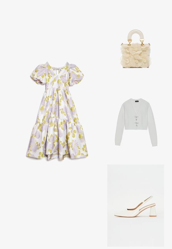 Even&Odd Vest - 001 - white; Witte midi-jurk met pofmouwen, paars bloemenpatroon, groene bladeren, V-hals en detail met strik aan de achterkant, met een gelaagde rok.; Witte patenten leren slingback schoen met een spitse neus en een geometrische blokhak. Het interieur heeft een tan kleurige inlegzool en minimale zijsnedes.; Crèmekleurige handtas met een gebogen handvat en zes grote, doorschijnende bloemapplicaties die de voorkant bedekken.