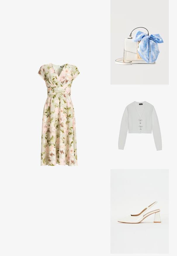 Even&Odd by Zalando Gilet - 001 - white; Robe portefeuille verte à imprimé floral avec manches courtes, taille cintrée et jupe midi évasée présentant des fleurs roses et blanches ainsi que des feuilles vertes.; Chaussure slingback en cuir verni blanc avec un bout pointu et un talon bloc géométrique. L'intérieur présente une semelle intérieure beige et des découpes latérales minimalistes.; Sac à main en cuir blanc avec fermoir et poignée dorés, décoré d'un grand foulard de soie bleu et blanc à motifs, noué en nœud.