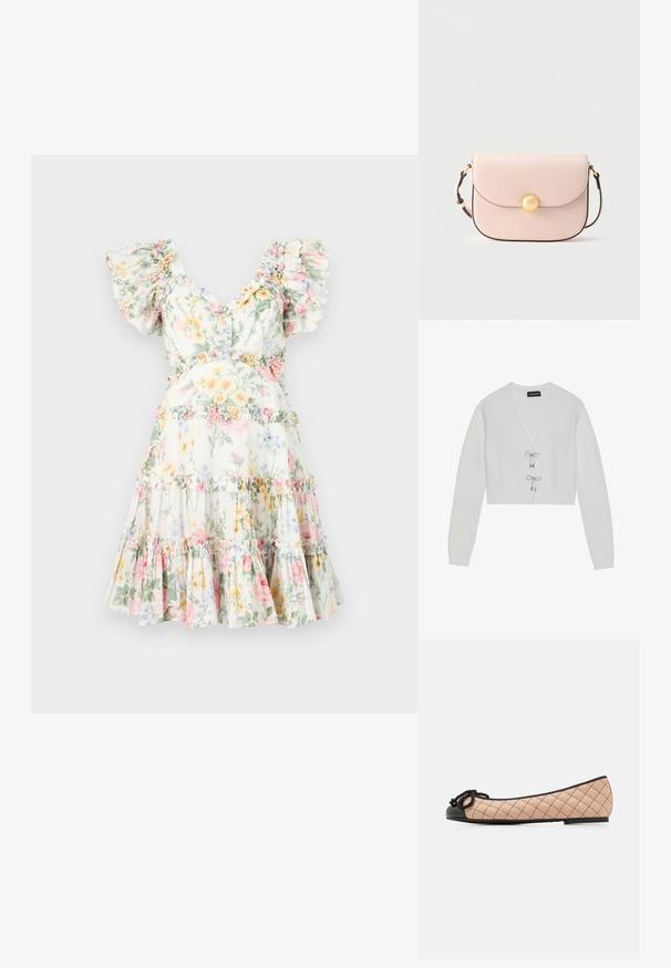 Even&Odd by Zalando Chaqueta de punto - 001 - white; Vestido floral en tejido ligero, con mangas rizadas, escote en V profundo y falda de volantes con flores en tonos pastel y acentos de volantes a juego.; Mocasines de ballet en cuero acolchado beige claro con punta de charol negro y detalle de lazo. Perfil esbelto con acabado mate y costuras sutiles.; Bolso bandolera de cuero rosa claro con una solapa redondeada, cierre de botón con herrajes dorados y una correa delgada ajustable. Textura suave.