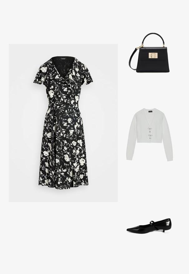 Even&Odd by Zalando Gilet - 001 - white; Robe noire avec motif floral blanc, manches courtes, décolleté en V et accents de boutons. Jupe évasée pour un ajustement fluide. Le matériau semble léger.; Ballerines en cuir verni noir avec un bout pointu, un petit talon, et une fine bride sur le cou-de-pied. Texture lisse, design minimaliste.; Sac à main en cuir noir avec une poignée supérieure, une bandoulière amovible et un fermoir rectangulaire doré sur le rabat avant.