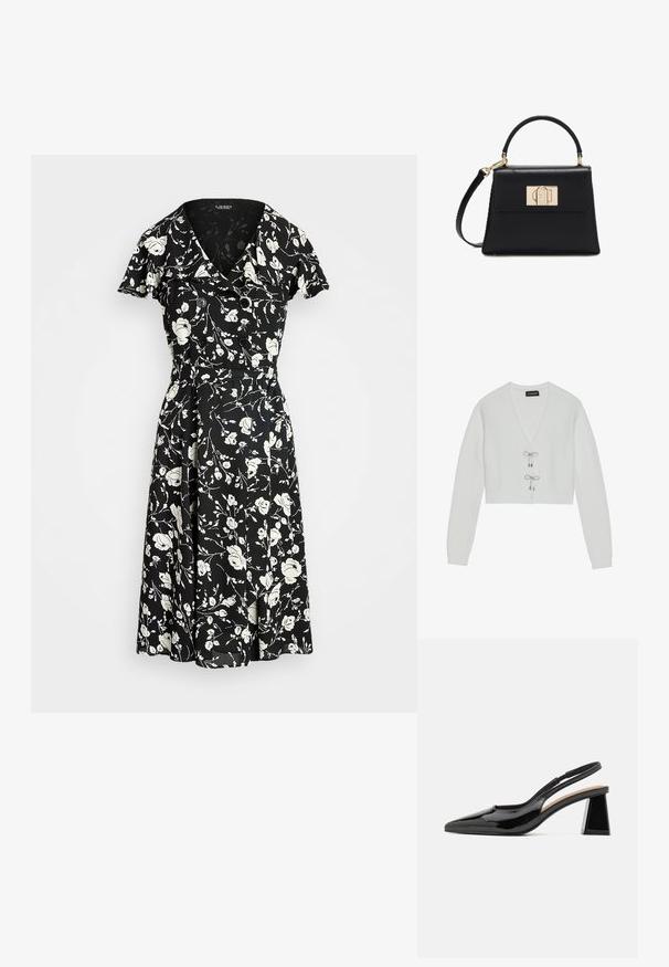 Even&Odd by Zalando Gilet - 001 - white; Robe noire avec motif floral blanc, manches courtes, décolleté en V et accents de boutons. Jupe évasée pour un ajustement fluide. Le matériau semble léger.; Escarpins à talon slingback en vernis noir avec un bout pointu, présentant un talon en bloc géométrique unique et une texture lisse. Bride réglable pour un bon maintien.; Sac à main en cuir noir avec une poignée supérieure, une bandoulière amovible et un fermoir rectangulaire doré sur le rabat avant.
