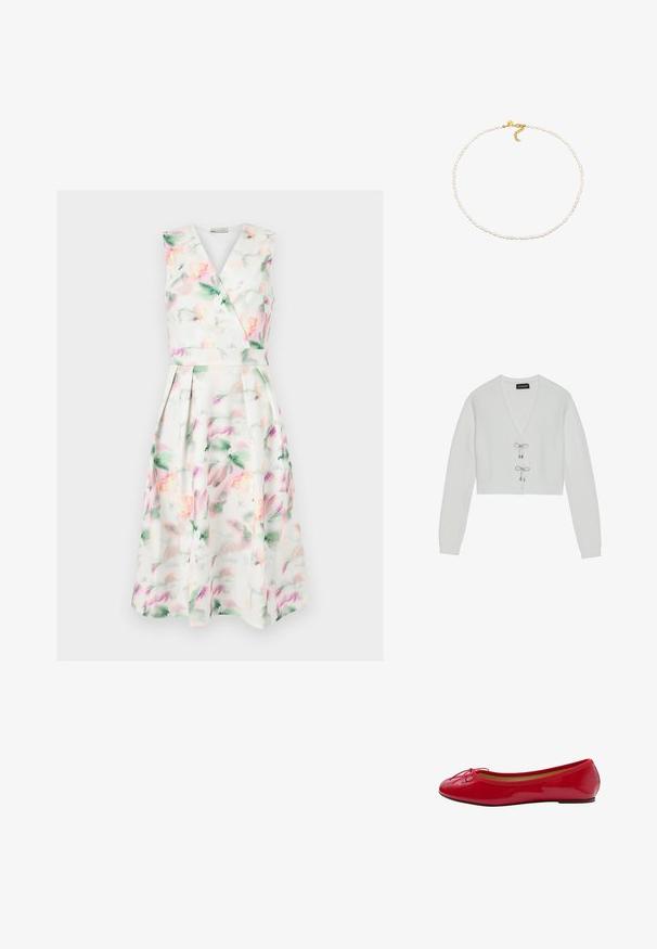 Even&Odd by Zalando Vest - 001 - white; Mouwloze witte midi-jurk met pastel aquarel bloemenprint, V-hals wikkelbodysuit, getailleerde taille en geplooide rok.; Rode gepatineerde leren balletschoenen met een ronde neus, een strikdetail aan de voorkant en een lage, flexibele zool. Gladde oppervlakte en minimalistisch design.; Parelketting met kleine, onregelmatig gevormde witte parels die aan elkaar geregen zijn. Voorzien van een gouden sluiting met een verstelbare ketting.