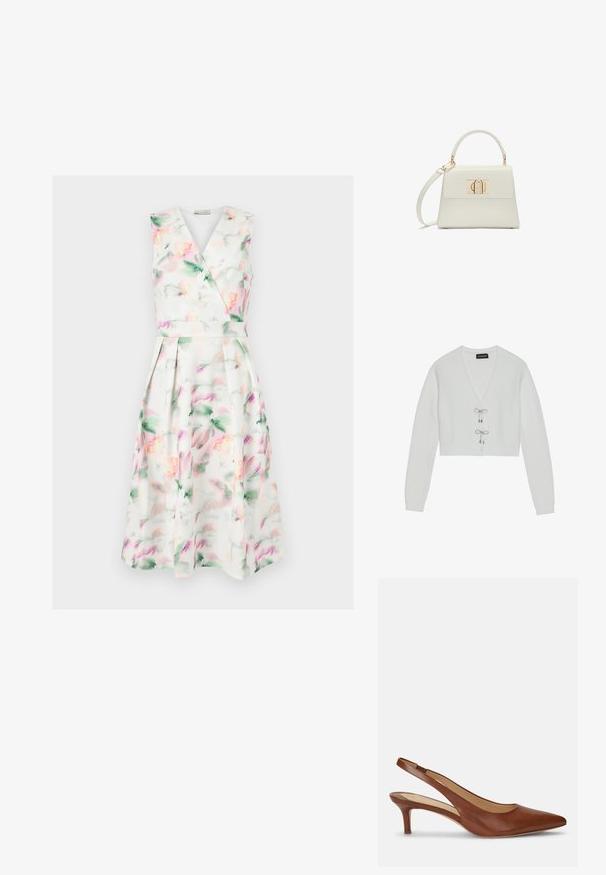 Even&Odd Vest - 001 - white; Mouwloze witte midi-jurk met pastel aquarel bloemenprint, V-hals wikkelbodysuit, getailleerde taille en geplooide rok.; Bruine leren damesslingback met puntige neus en lage kittenhak op witte achtergrond.; Kleine witte handtas met bovenhandvat, afneembare schouderriem en gouden rechthoekige sluiting op de voorflap.